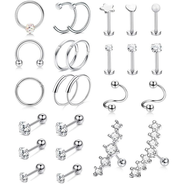 Barbell or Labret Stud Pearl White Flower Piercing 18G,20G 16G CZ Stainless Steel Cartilage Piercing,Helix Earring,Conch,Tragus